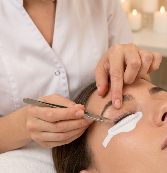 A woman receiving an eyelash extension treatment in a spa or salon setting, with a technician applying the extension to her eyelash.