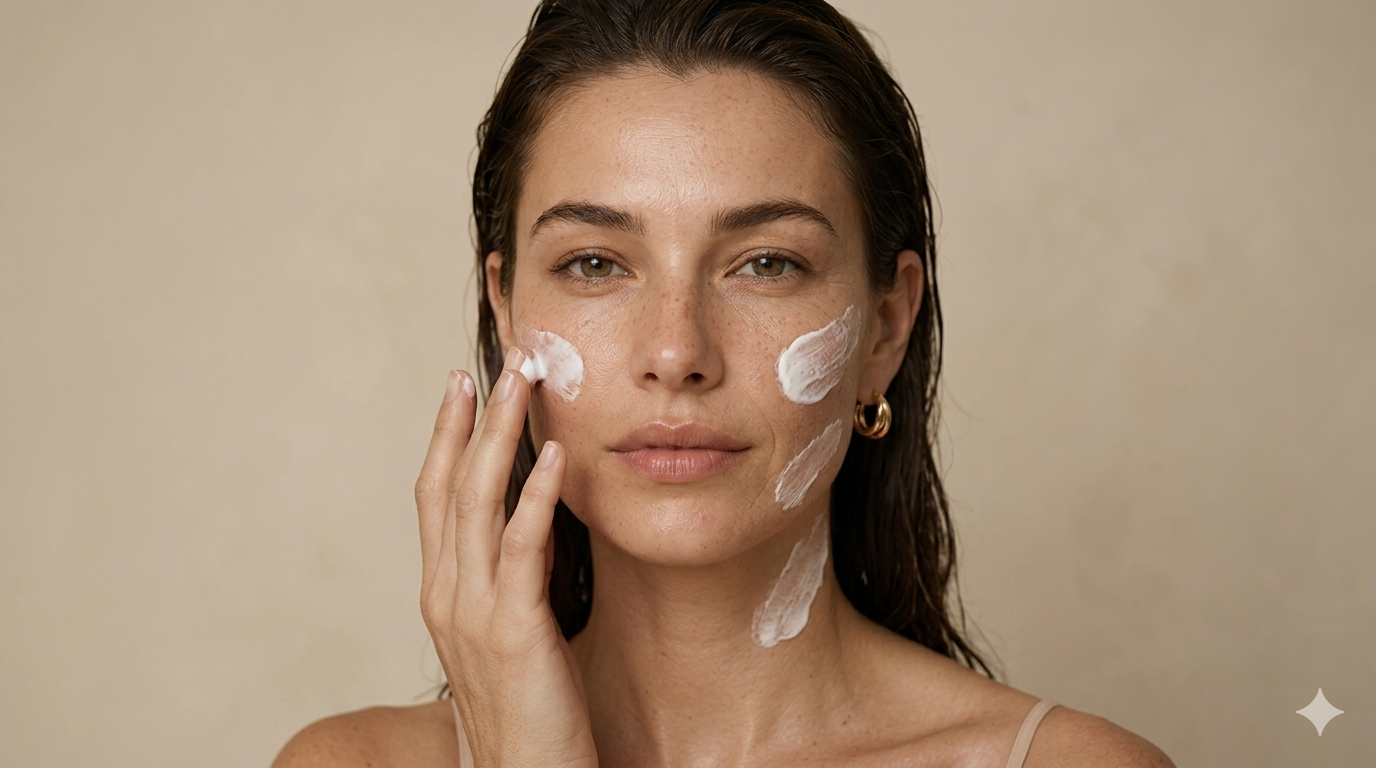 A woman with wet hair applies skincare cream to her face, with some cream visible on her cheeks, chin, and neck.