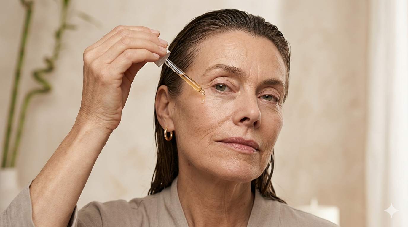 A woman applying facial serum using a dropper in a well-lit room.