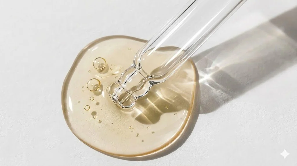 A glass dropper resting in a puddle of clear, beige-colored liquid on a white surface, casting a shadow.