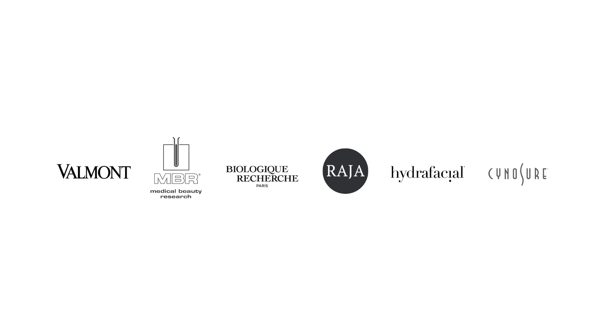 Image displaying multiple logos from different brands and research organizations, including MBR, BIOLOGIQUE RECHERCHE, RAJA, and CYOURE.
