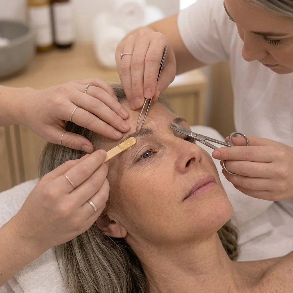 A woman undergoing an eyelid cosmetic procedure in a clinic, with multiple practitioners using surgical tools on her eyelid area.