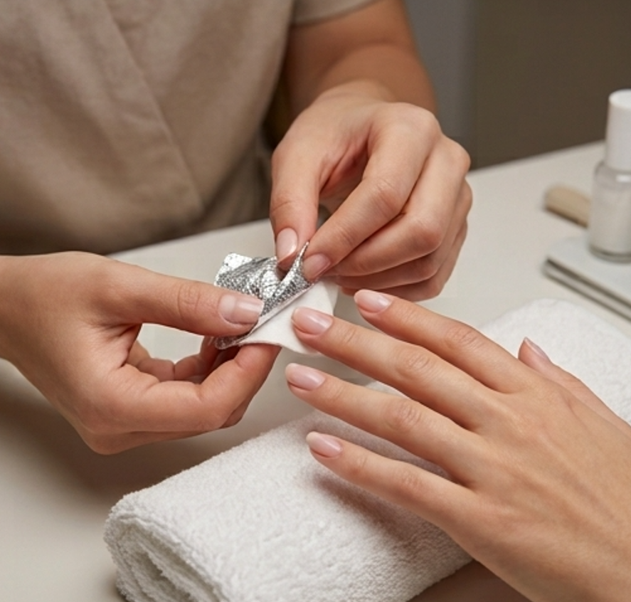 Close-up of a person receiving a manicure, with a technician applying nail polish or treatment to a woman's fingernails, which are resting on a white towel.