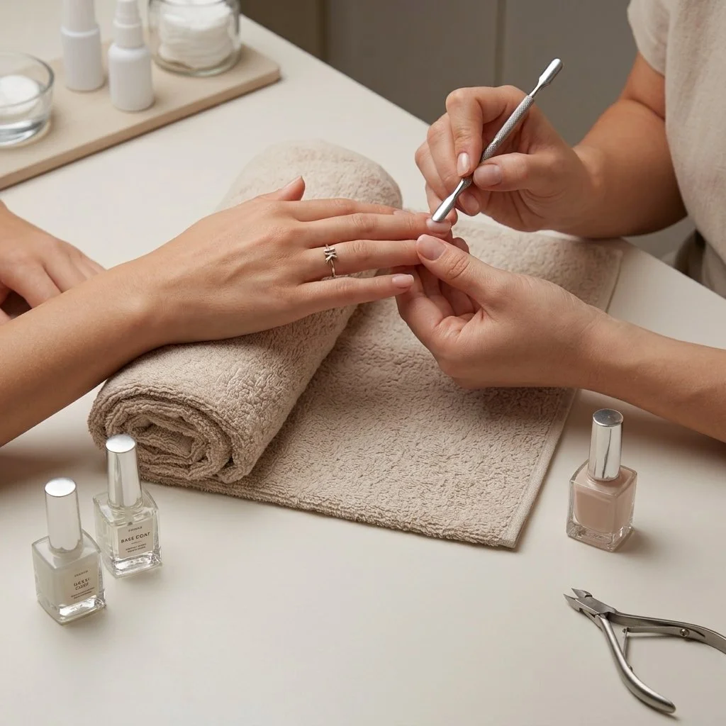 Manicurist applying nail polish or gel to a woman's fingernails at a nail salon, with various manicure tools and supplies on the table.