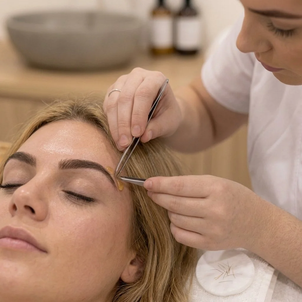 A woman receiving a professional eyebrow treatment with tweezers, while lying down with her eyes closed in a spa or clinic setting.