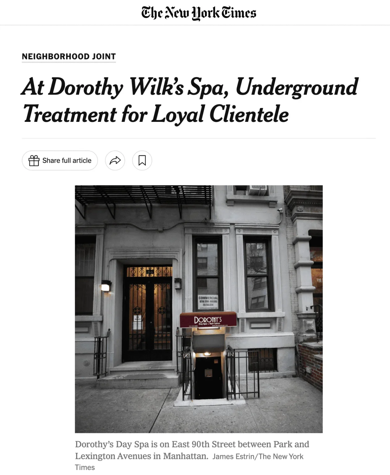 Exterior view of Dorothy's Day Spa located on East 90th Street between Park and Lexington Avenues in Manhattan, showing the building's facade with large windows and a sign above the entrance.