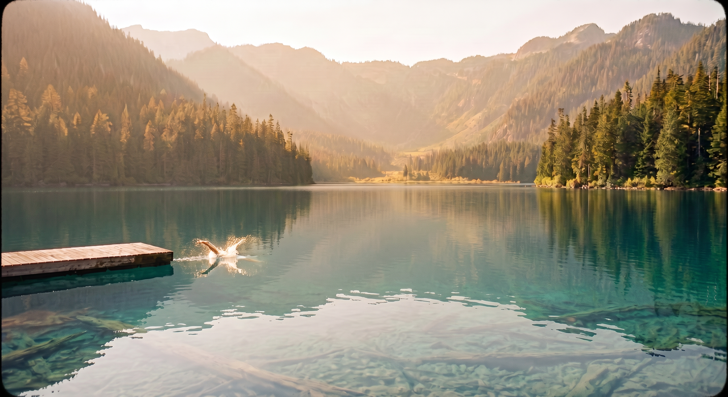A scenic mountain lake with pine forests on the hillsides, a small dock in the foreground, and a person jumping into the water.