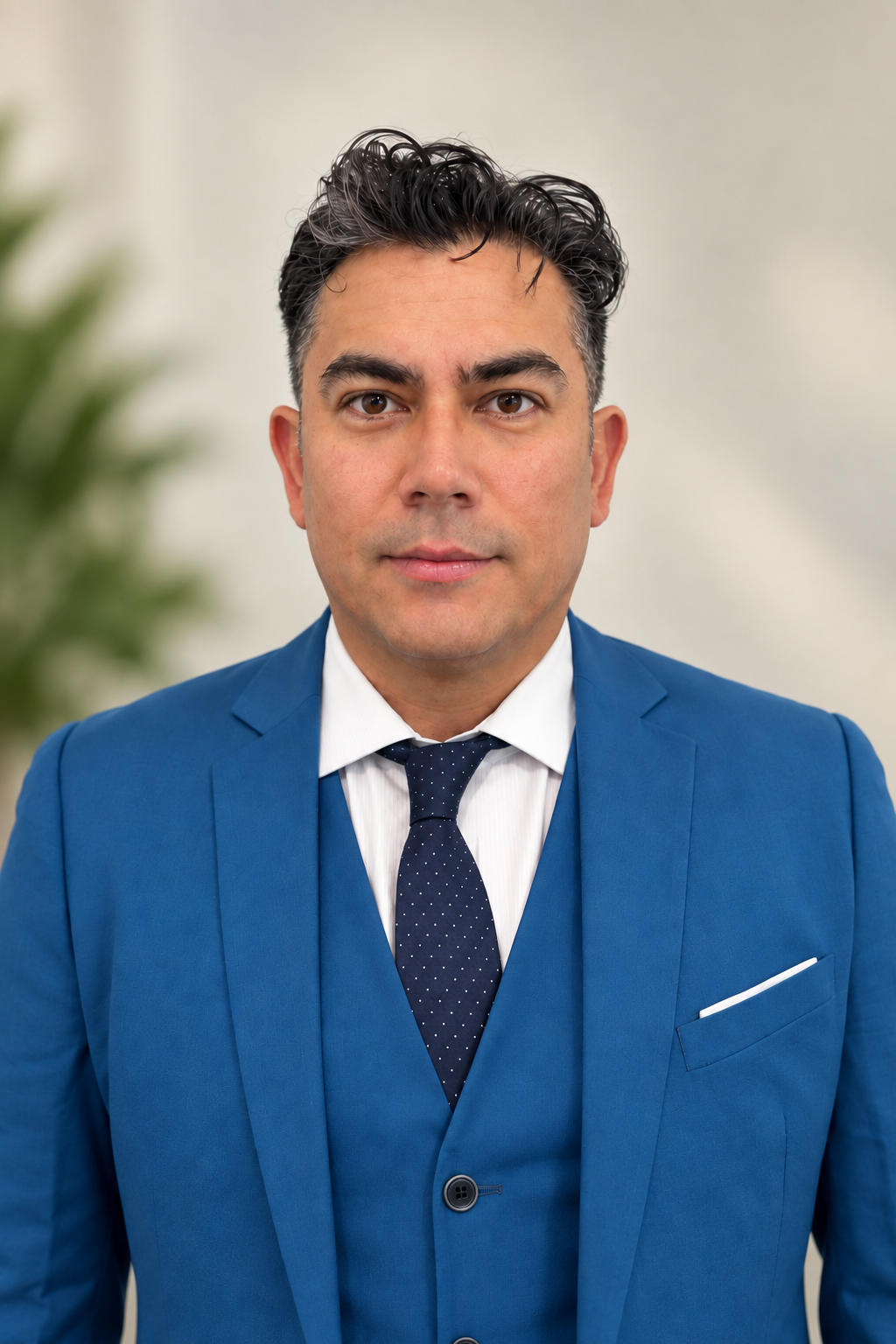 Professional portrait of a man with dark, curly hair wearing a blue suit, white shirt, and navy tie with white polka dots, standing against a plain background.