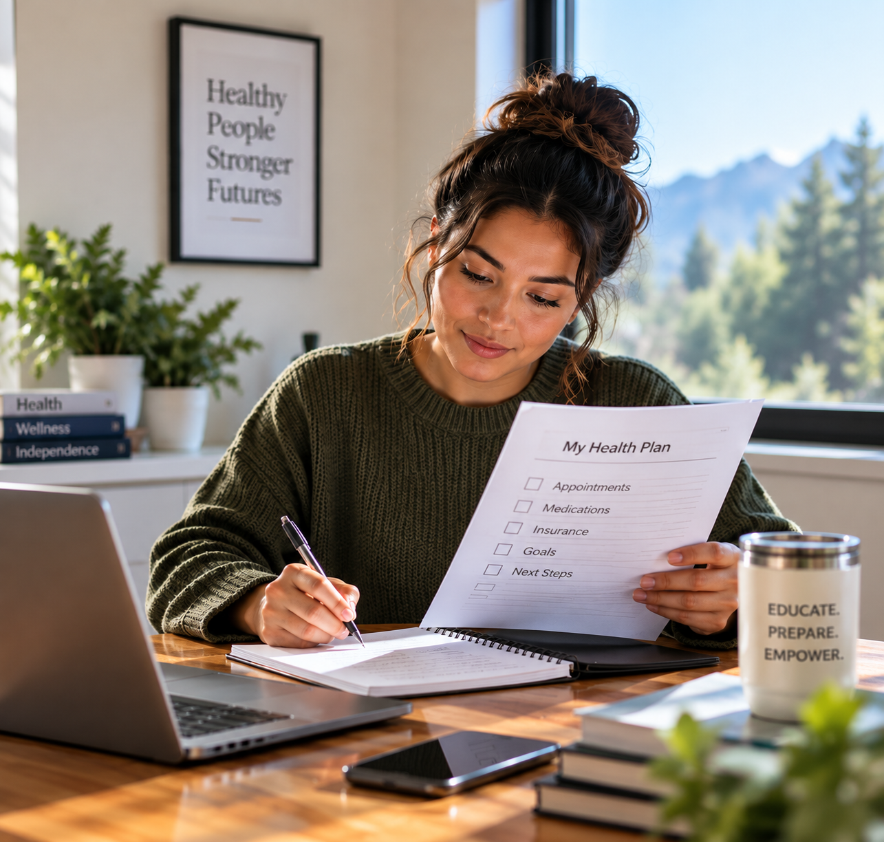 A young woman sitting at a wooden desk, reviewing and writing on a health plan checklist, with a laptop, notebook, a pen, and a coffee mug that reads "Educate, Prepare, Empower." in a well-lit room with a mountain view and potted plants in the background.