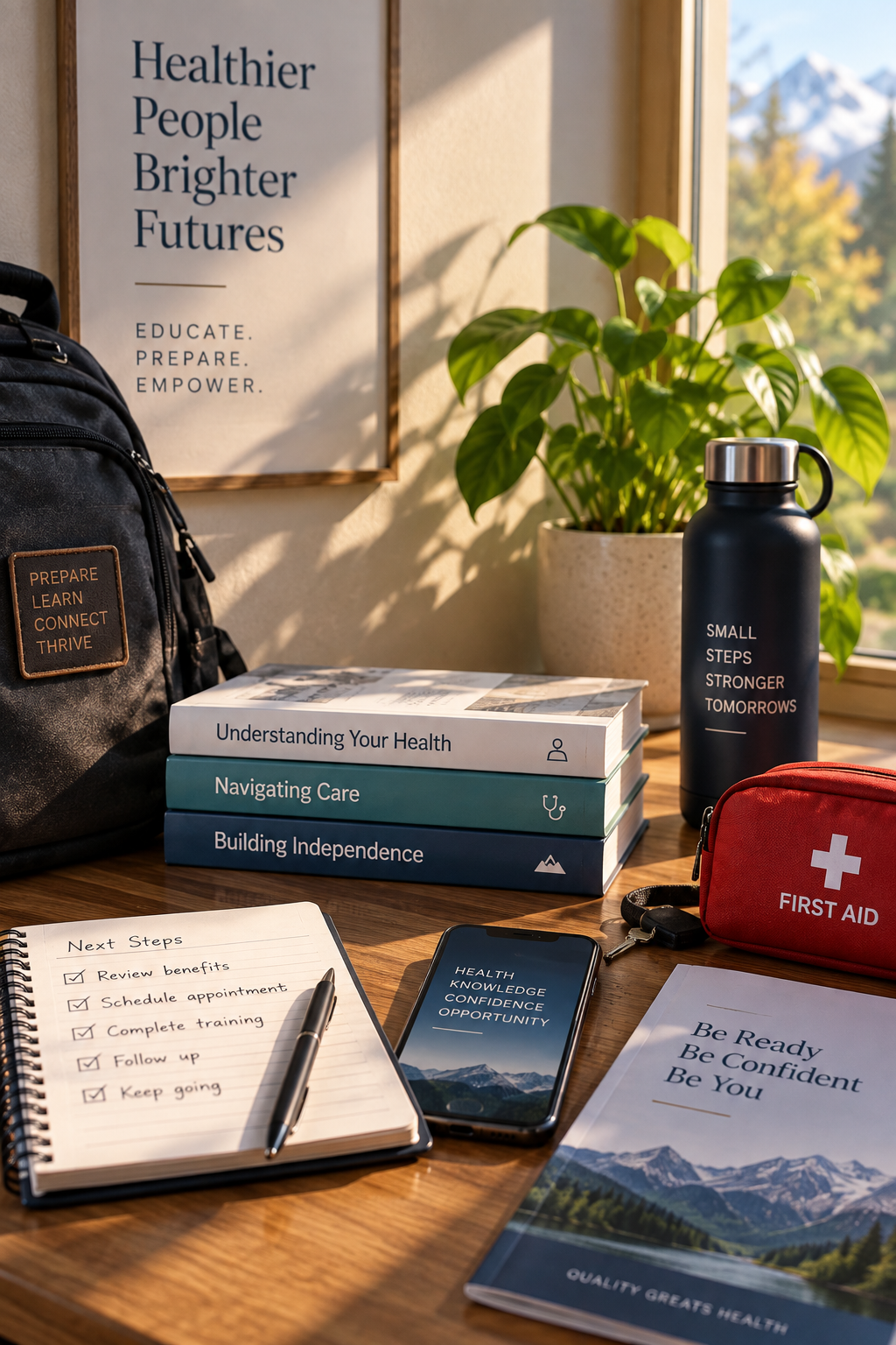 A desk with health and wellness books, a notebook with checked tasks, a smartphone, a water bottle, a first aid kit, and a backpack, with a framed sign on the wall and a potted plant by a window showing mountains in the background.