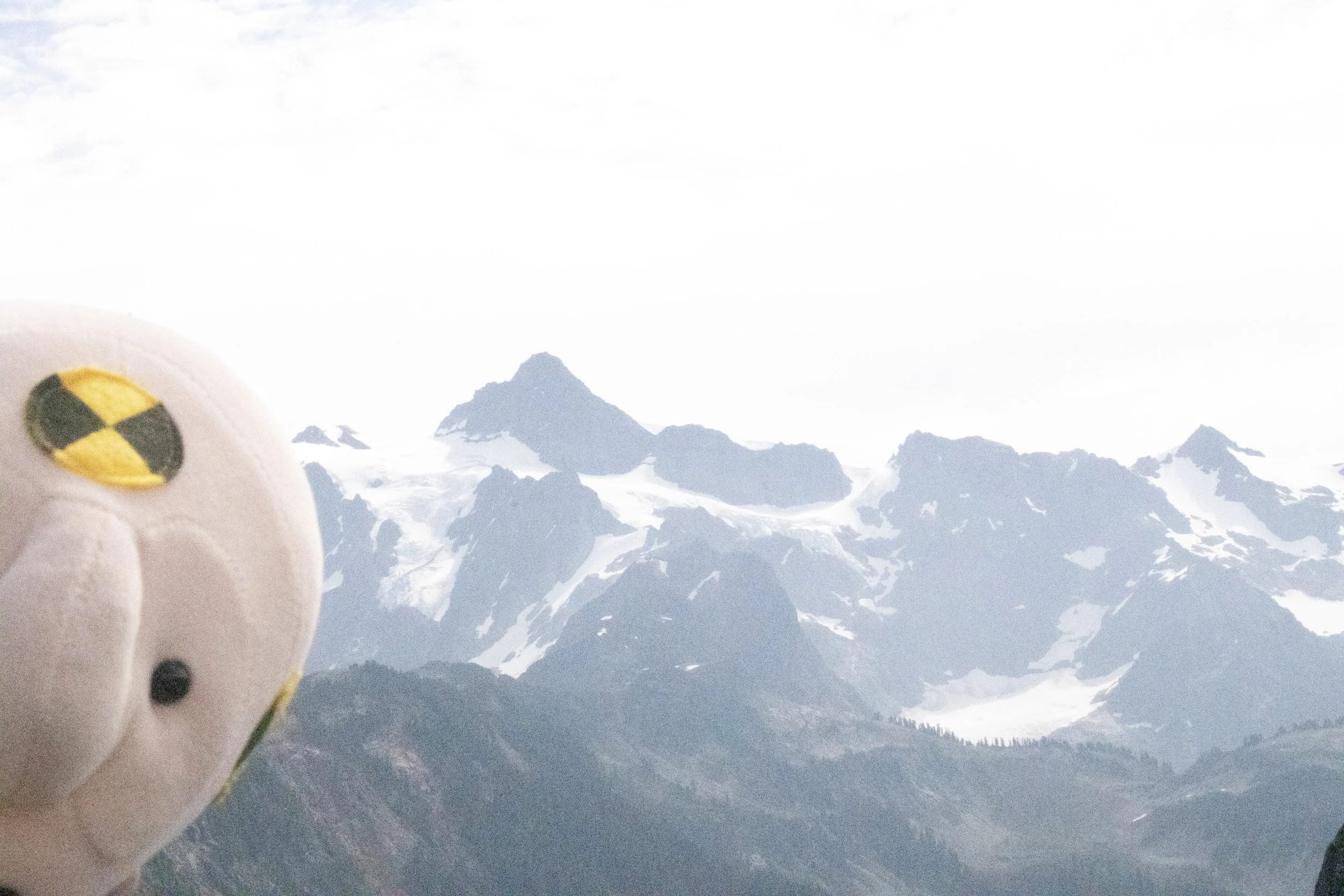 A close-up of a plush toy character with a round face, black eyes, a small nose, and yellow circular patches on its cheeks, held up in front of a mountainous landscape with snow-capped peaks under a cloudy sky.