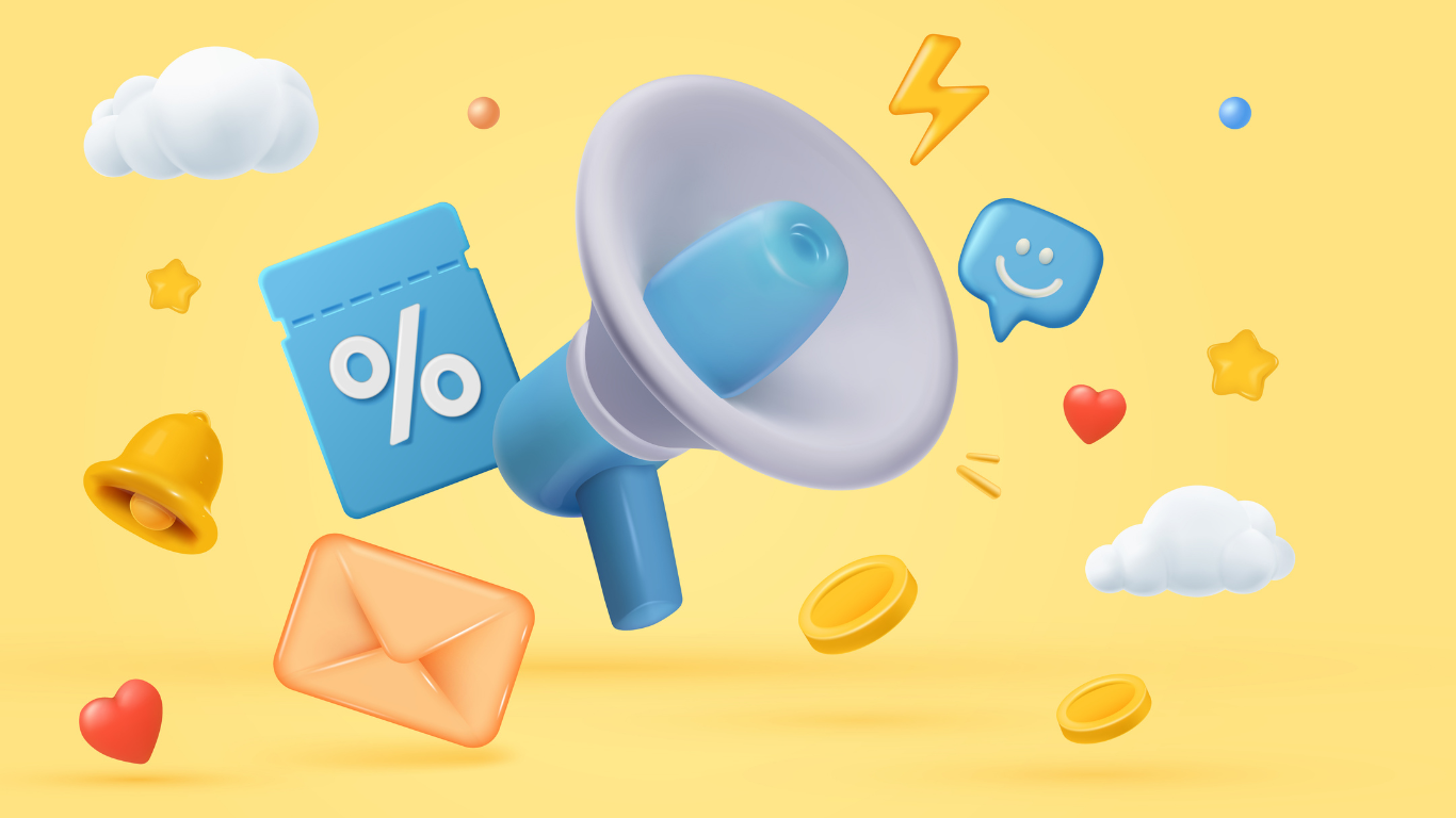 Illustration of a megaphone surrounded by icons including a percentage sign, envelopes, hearts, stars, clouds, and coins on a yellow background.