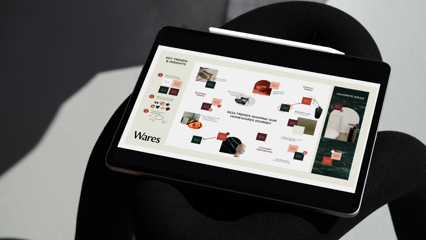 A tablet displaying a presentation slide titled 'Key Trends & Insights' with various images, graphics, and text related to homewares and product trends.