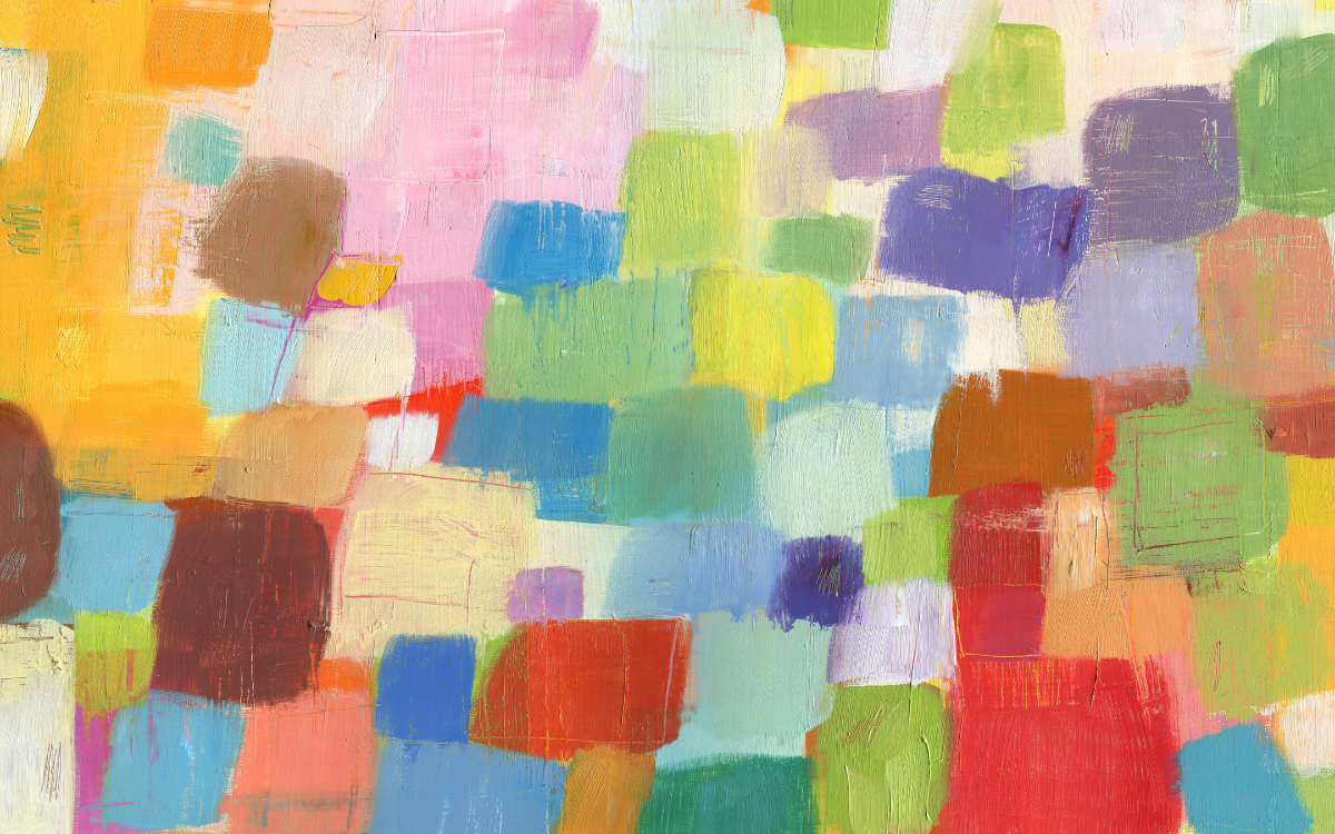 Abstract colorful painting with various squares and rectangles in shades of pink, blue, green, yellow, orange, purple, and red.