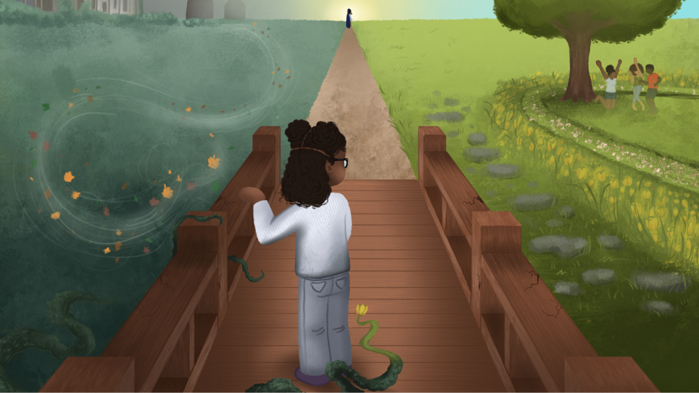 A woman with curly hair and glasses stands on a wooden bridge, looking toward a path. To her left is a swirling, mysterious water body with floating leaves and a snake-like creature. To her right, a sunny grassy area has children playing under a large tree, with flowers and stones on the ground.