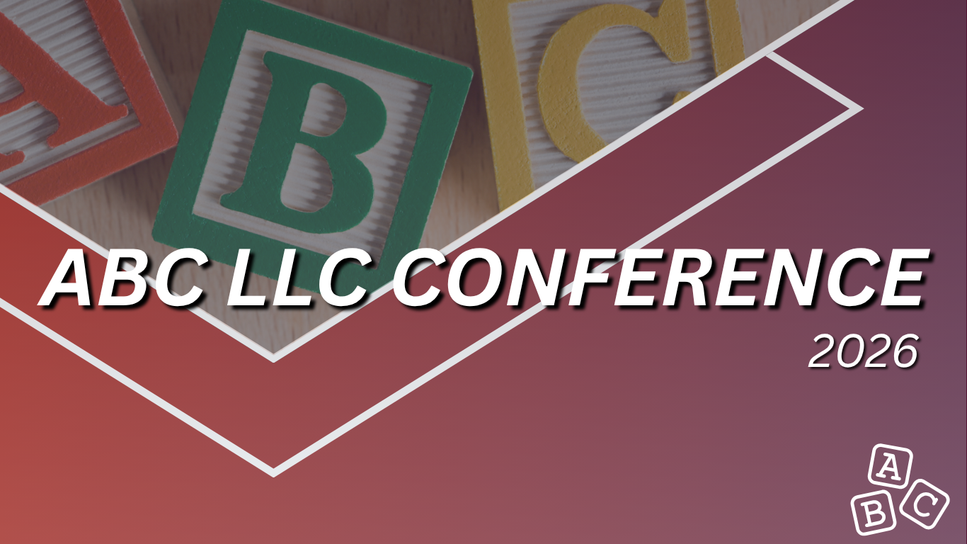Colorful alphabet blocks spelling 'ABC' on a wooden surface with a gradient purple background and white geometric lines. Overlay text reads 'ABC LLC Conference 2026'.