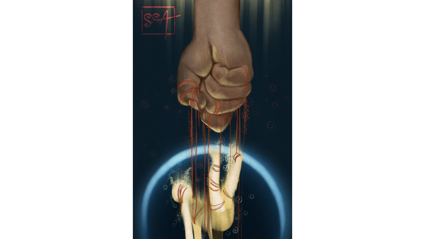 A digital artistic image of a clenched fist with red lines and swirls, suspended above a glowing blue circle, with orange and red lines dripping down from it, resembling blood or liquid.