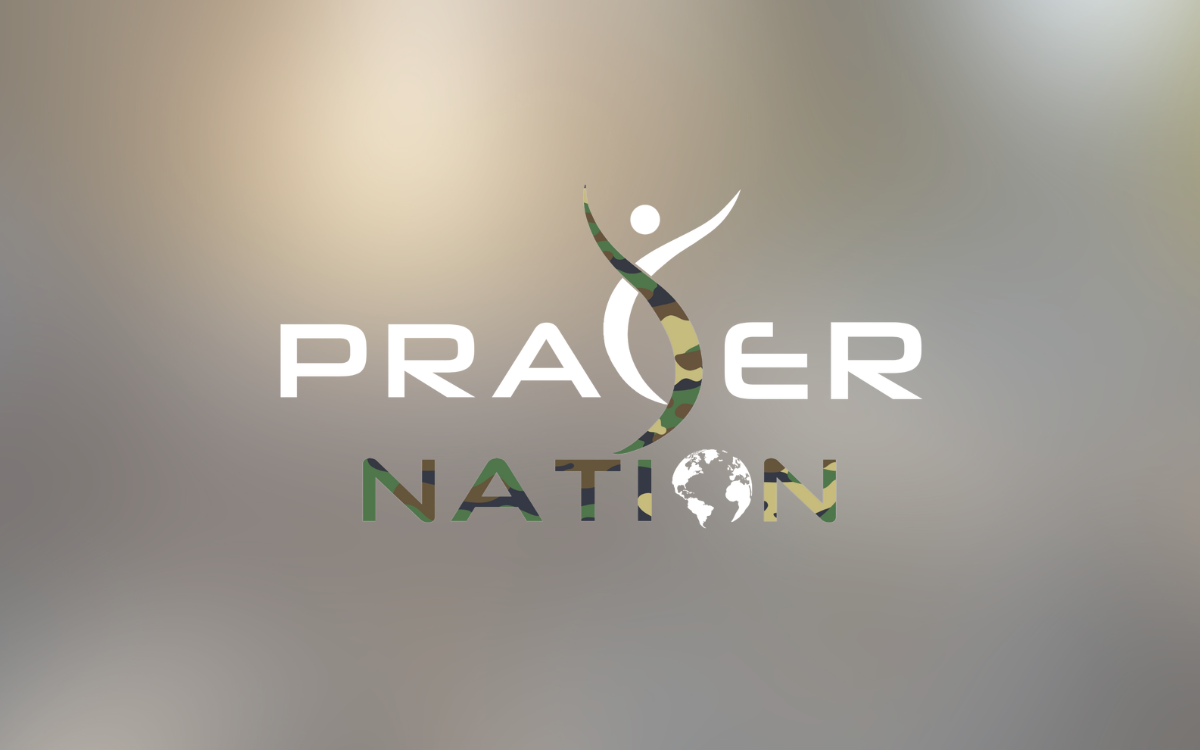 Logo with the words 'PRAYER NATION' and a person with an outstretched arm, with a DNA strand and a globe integrated into the design.