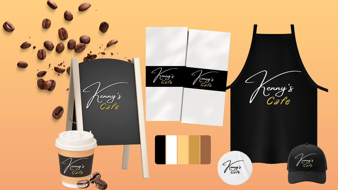 Various branding materials and merchandise for Kenny's Cafe, including a blackboard sign, coffee beans, a to-go coffee cup, napkins, an apron, a button pin, and a baseball cap, all with the cafe's logo in white and yellow lettering on a peach background.