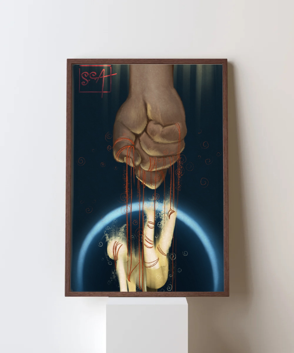 Artwork depicting a large fist with spaghetti-like strands hanging down, connected to a fingered hand at the bottom, set against a dark background with circular patterns.