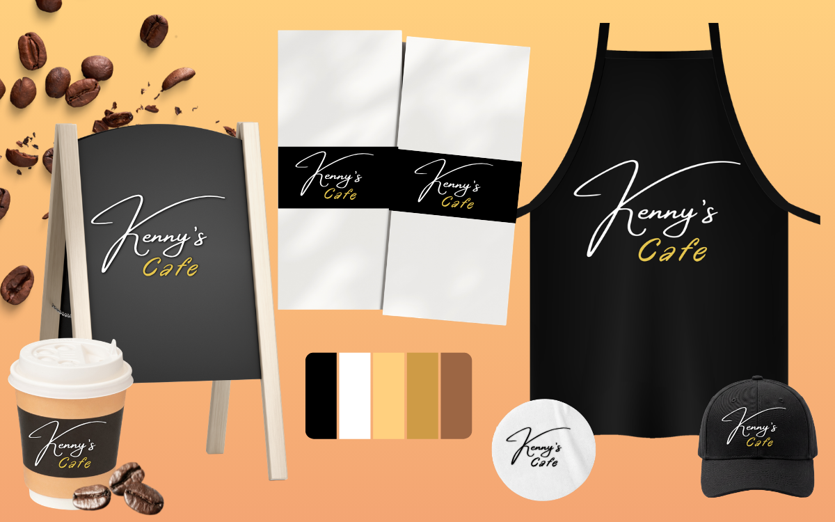 Kenny's Cafe branding materials, including a blackboard sign, paper napkins, apron, paper cup with lid, round badge, and cap, with scattered coffee beans and a color palette of black, white, cream, and brown on a peach background.