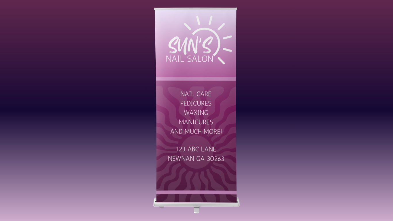 A vertical banner standing in front of a purple gradient background promoting Sun's Nail Salon, with the salon's services and address listed.