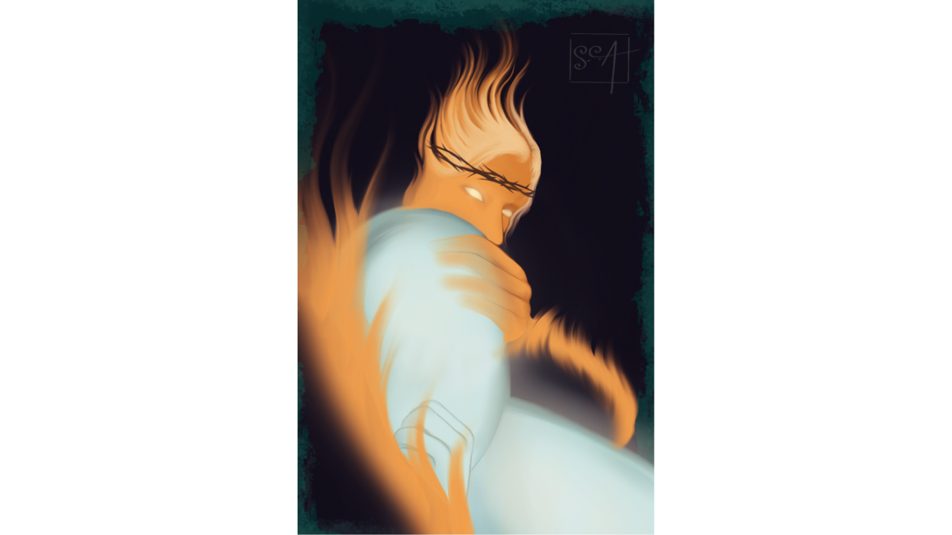 A digital illustration of a young woman with long flowing hair, holding a glowing baby closely to her chest. She wears a crown of thorns on her head and has a serene yet sorrowful expression, with warm tones highlighting her face and shoulders against a dark background.