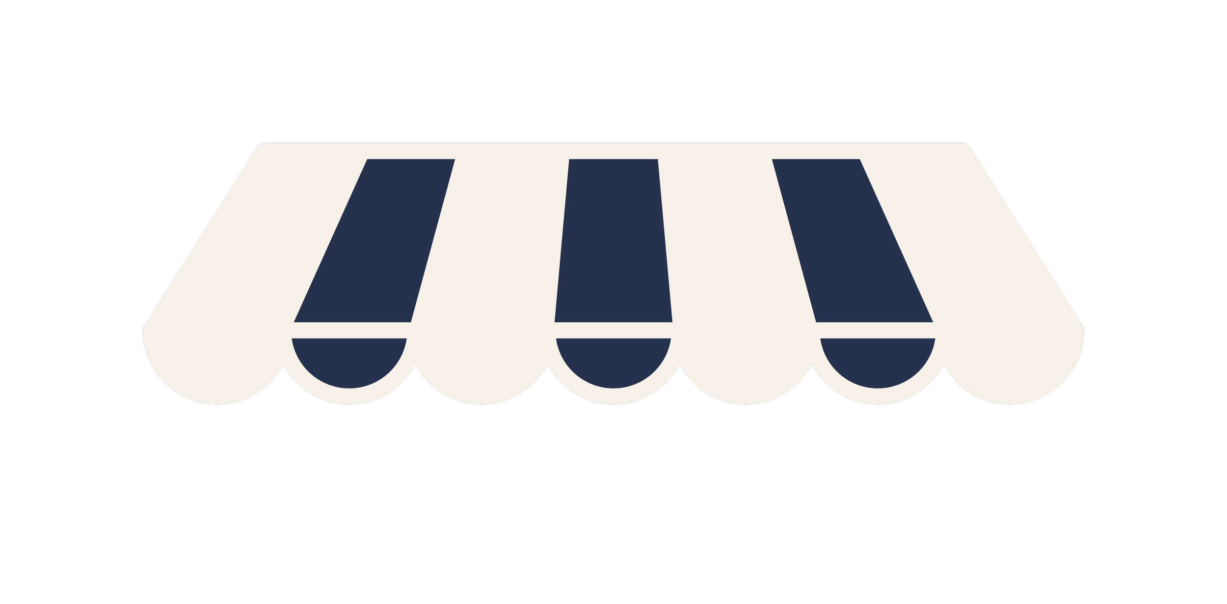 A graphic illustration of a shop awning with navy blue and white stripes against a black background.