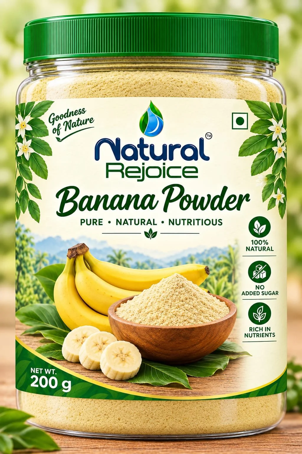 A transparent jar of banana powder with a green screw-on lid, labeled 'Natural Rejoice Banana Powder', featuring images of bananas and banana slices, with claims of being 100% natural, no added sugar, and rich in nutrients, set against a blurred nature background.