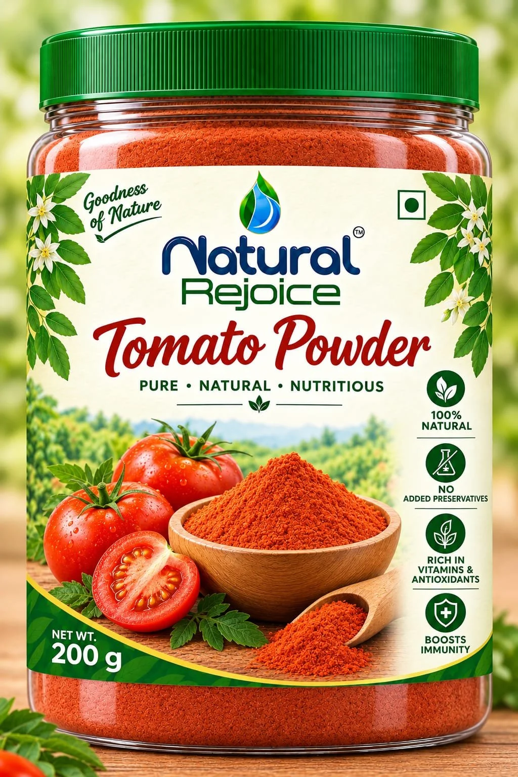 A jar of Natural Rejoice Tomato Powder with a green lid, featuring images of fresh tomatoes, a sliced tomato, and a bowl of red tomato powder on a wooden surface, against a green blurred background.
