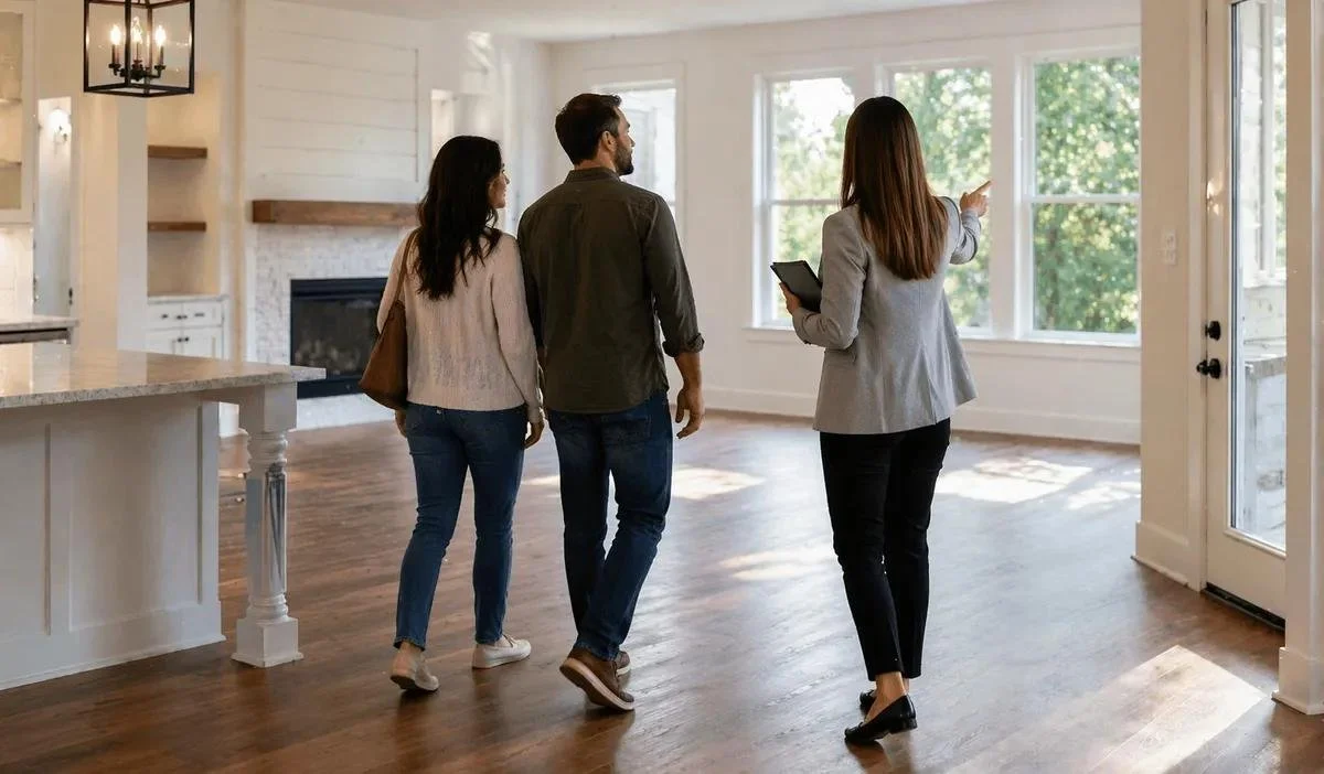 Real estate agent showing a family of three the interior of a house with large windows.