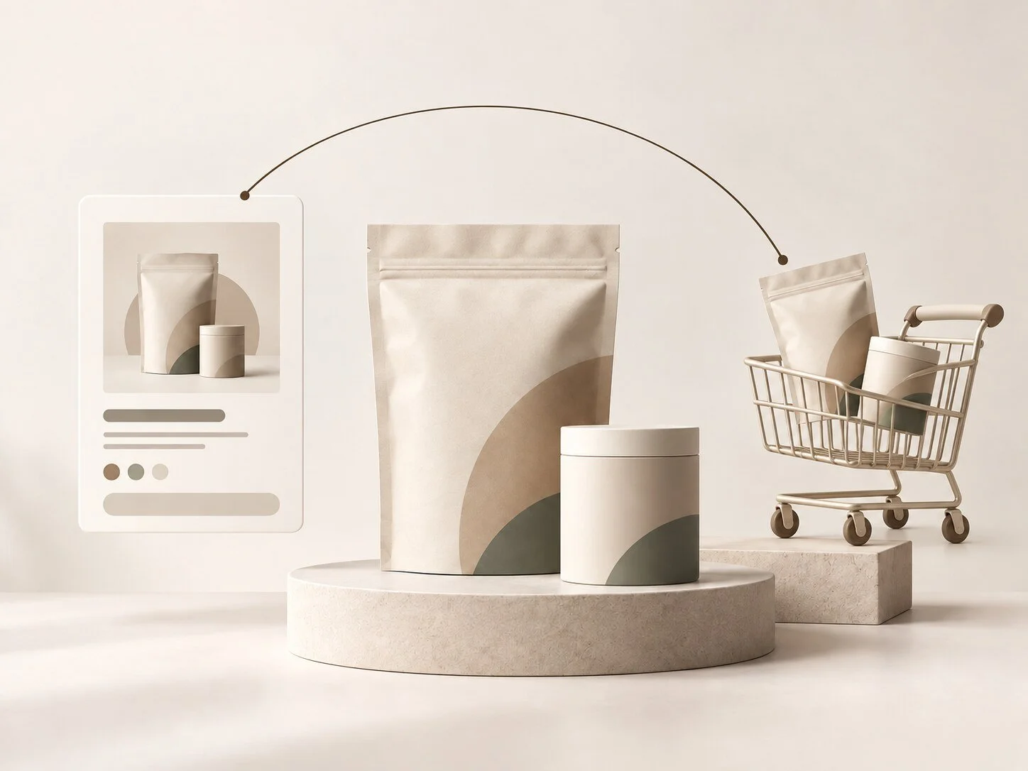 Product discovery connected to purchase through a shopping cart, in Sweet Impact Marketing brand colors