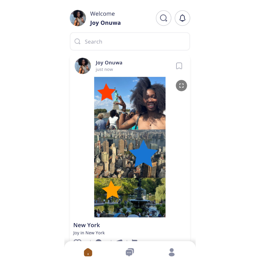 Screenshot of a mobile app profile page for Joy Onuwa with a profile picture, search bar, and a recent post showing a woman smiling in front of a tourist attraction with the Statue of Liberty, a city skyline, and a park with a fountain, each marked with colored stars.