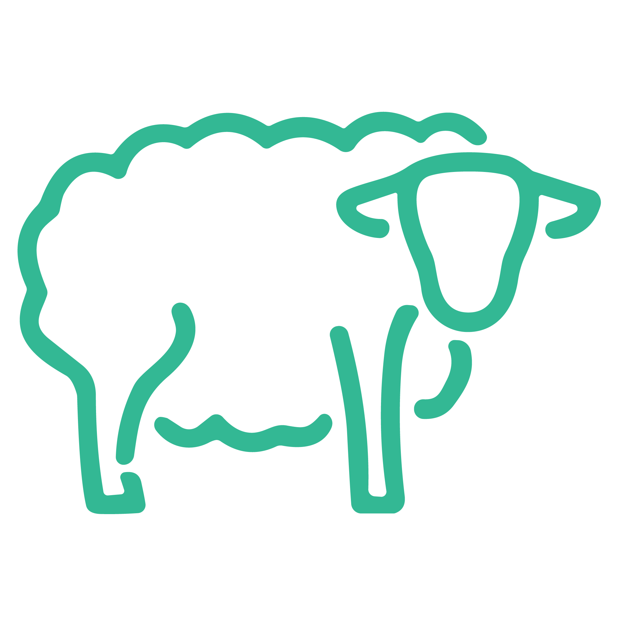 Line drawing of a person riding a horse, with a short beard, and a hat.