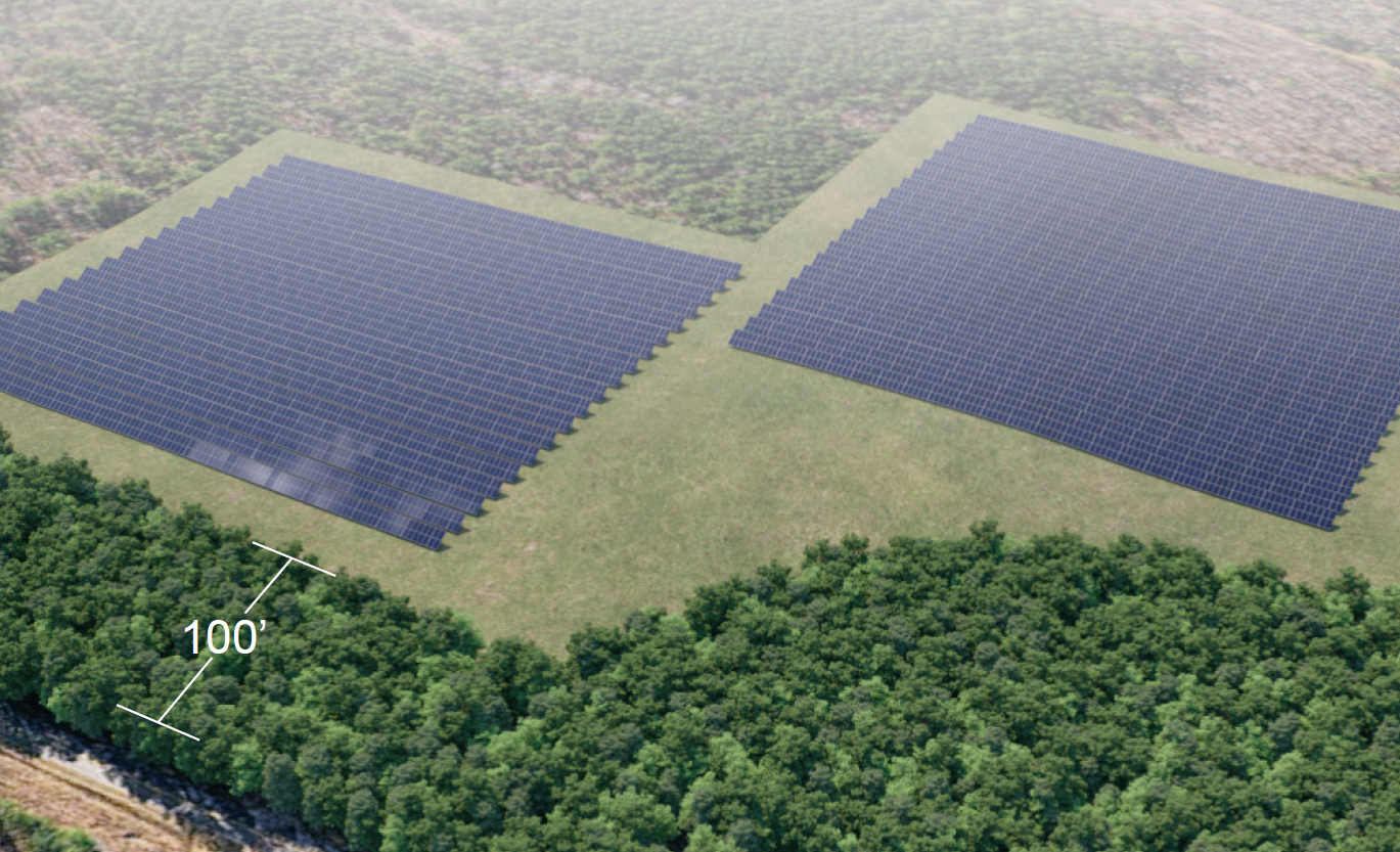 Aerial view of two large solar panel arrays in a grassy clearing surrounded by dense forest, with a measurement label indicating 100 feet.