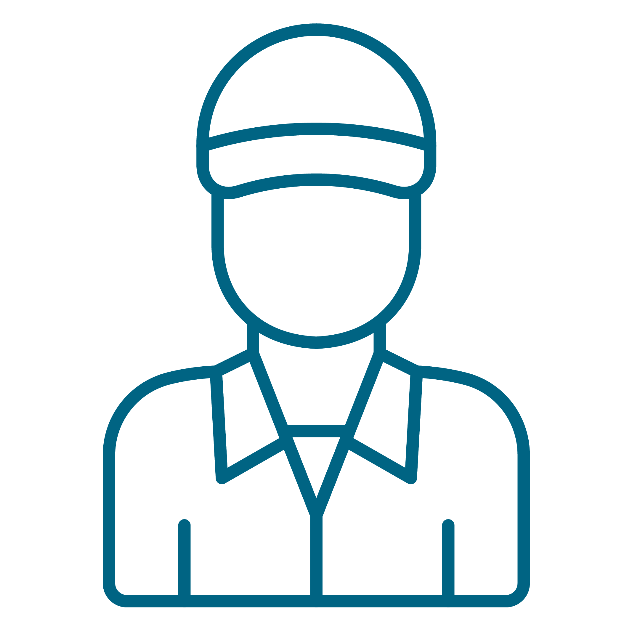 Outline drawing of a person's head and shoulders with a hat, shirt, and tie, in a minimalist style.