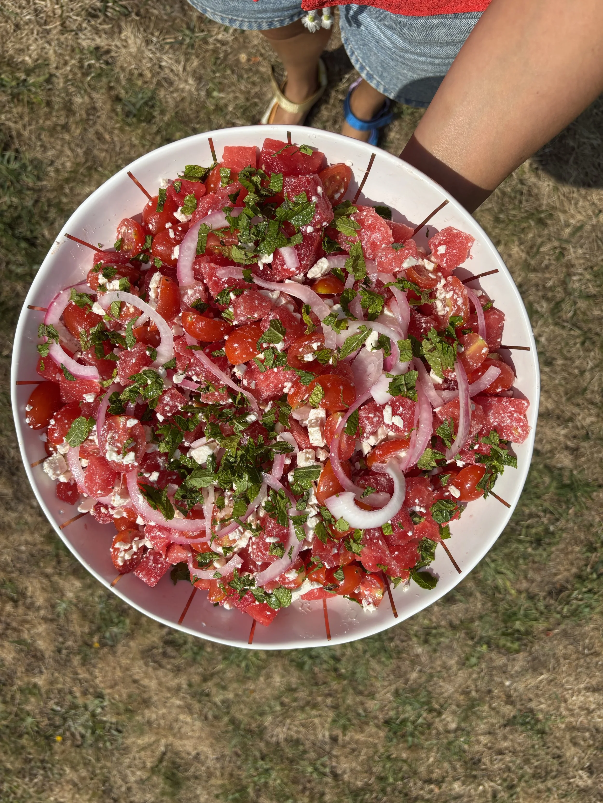 Une grande assiette de salade composée avec des morceaux de pastèque, des tomates cerises, des oignons, des feuilles de menthe, du feta émietté et des brochettes en bois autour, vue du dessus, avec un fond de sol sec.