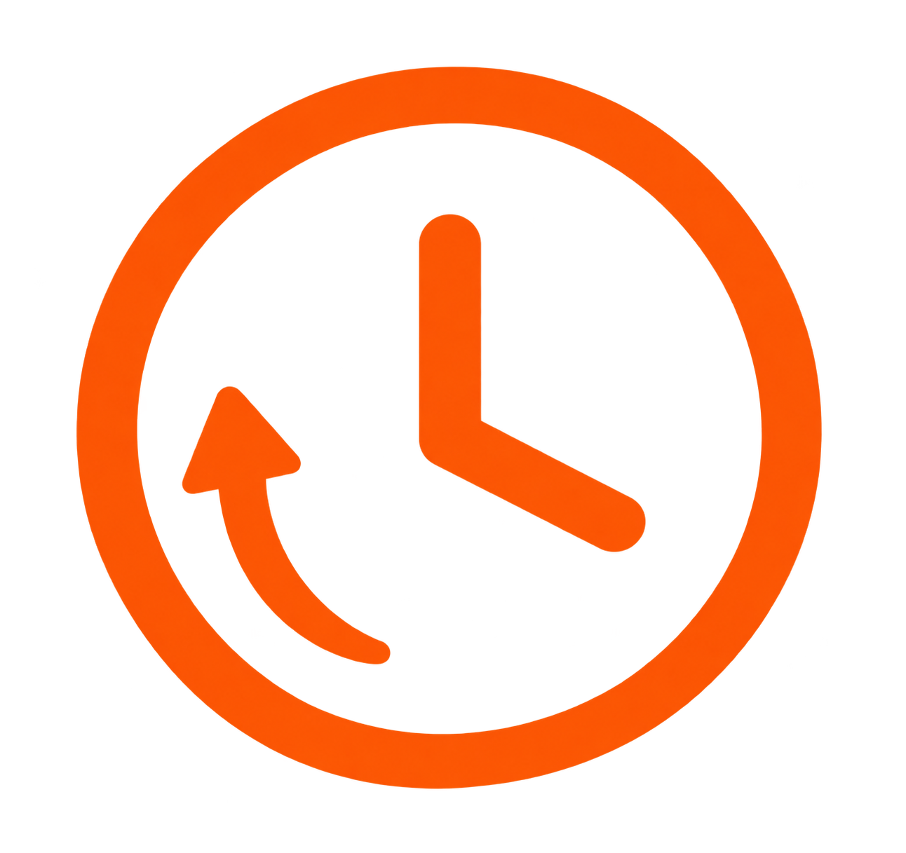 Orange clock and circular refresh arrows icon on a red background