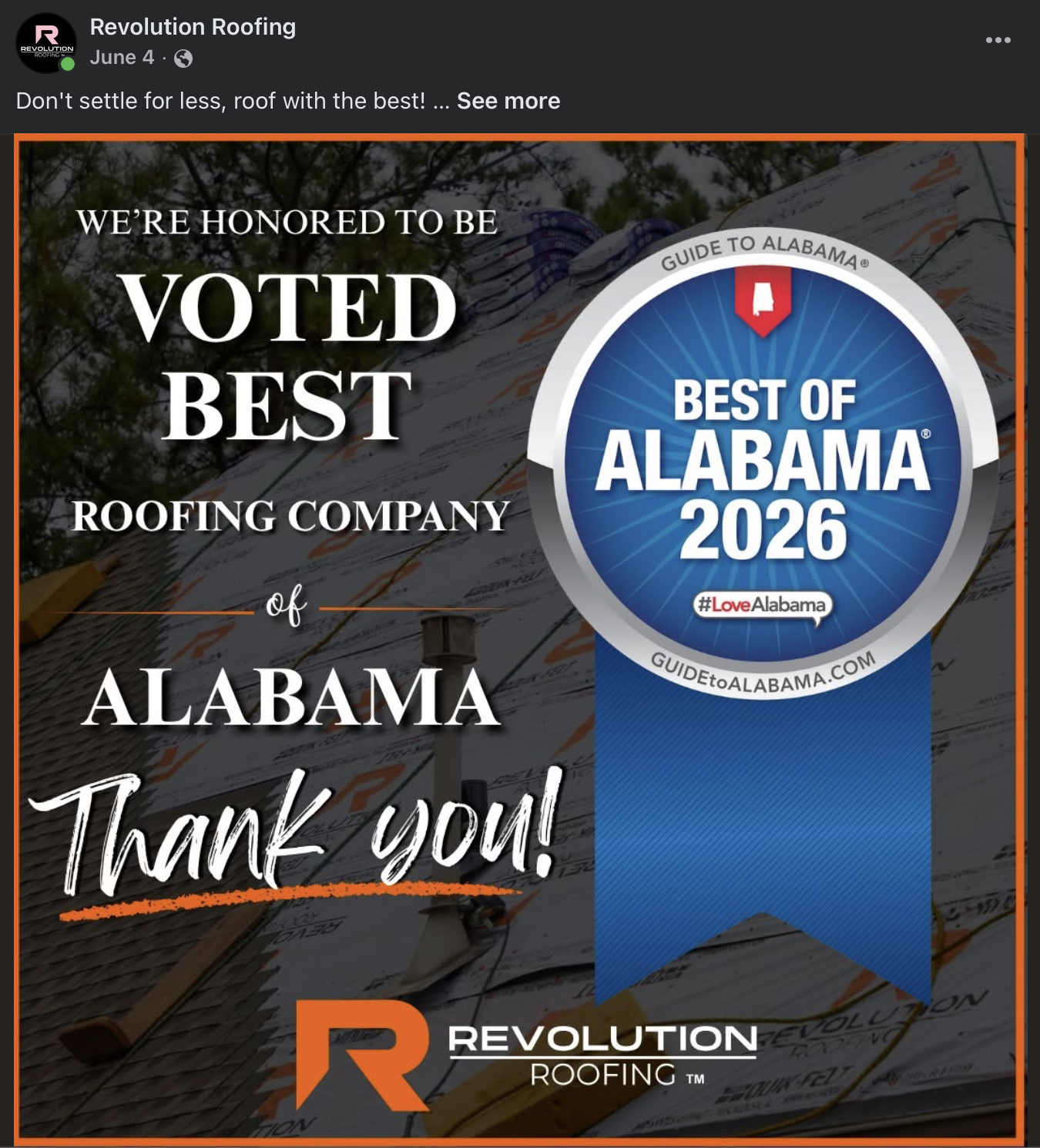Revolution Roofing celebrates being voted Best of Alabama 2026 roofing company by Guide to Alabama.