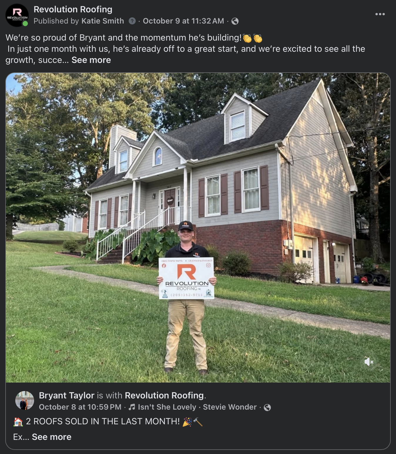 Revolution Roofing representative holding a company sign in front of a suburban house with a dark shingle roof