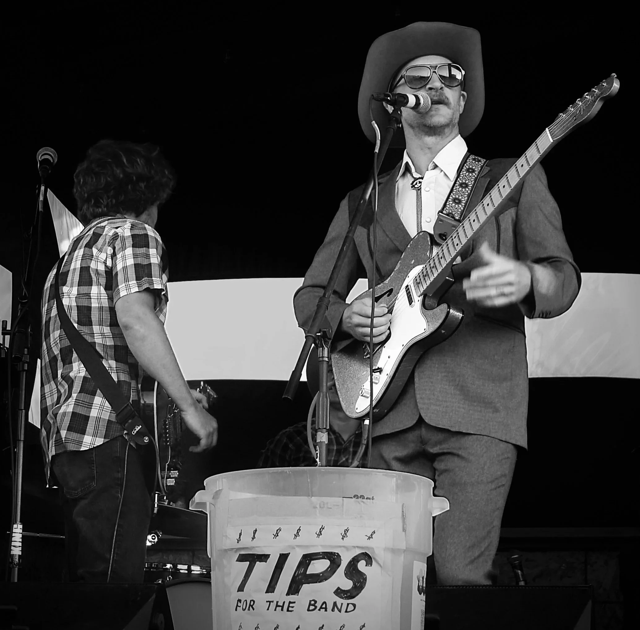 A man wearing sunglasses, a hat, and a suit playing an electric guitar, singing into a microphone on stage. Another person in plaid shirt with curly hair is in front with their back to the camera. A sign on the stage reads 'Thanks for the band'.