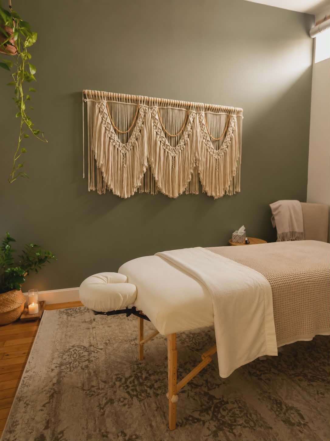 A massage therapy room with a massage table, decorative wall hanging, potted plant, candles, and a small table with tissues in a calming setting.