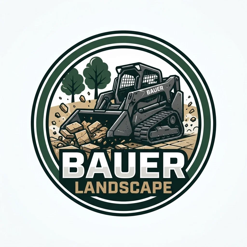 Logo for Bauer Landscape featuring a compact tracked bulldozer moving dirt and rocks in a landscape with trees in the background.