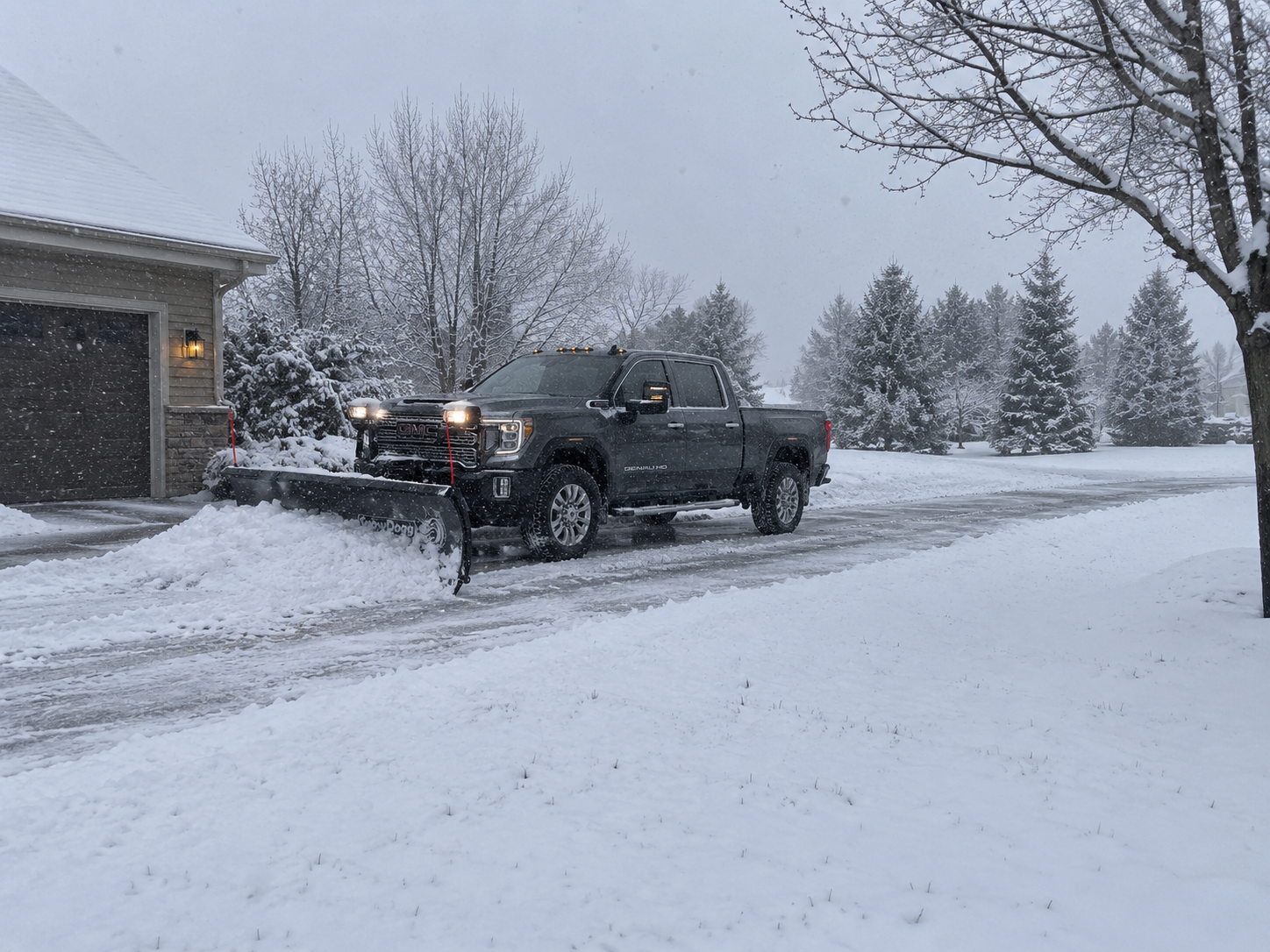 Black GMC pickup truck with a snow plow attached is clearing snow from a driveway in a snowy residential area, with snow-covered trees and a house visible in the background during a snowstorm.