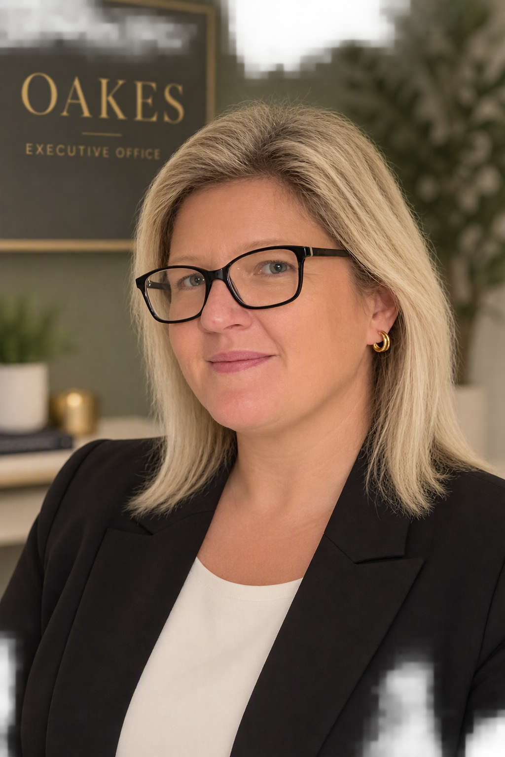 A professional woman with blonde hair, glasses, and gold hoop earrings, wearing a black blazer and white top, standing in an office with a sign that reads 'OAKES Executive Office' in the background.