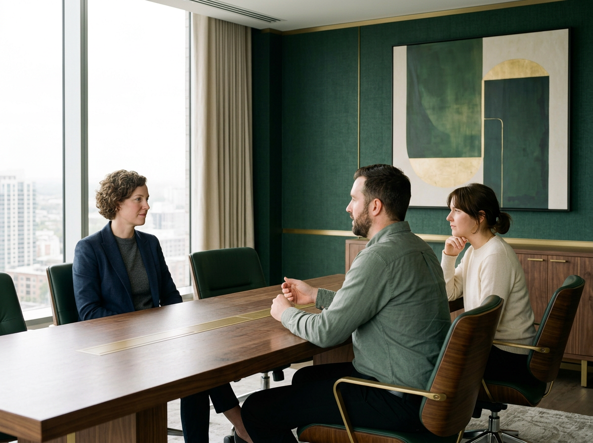A business meeting with three people sitting at a conference table in a modern office, with a large window showing city buildings.