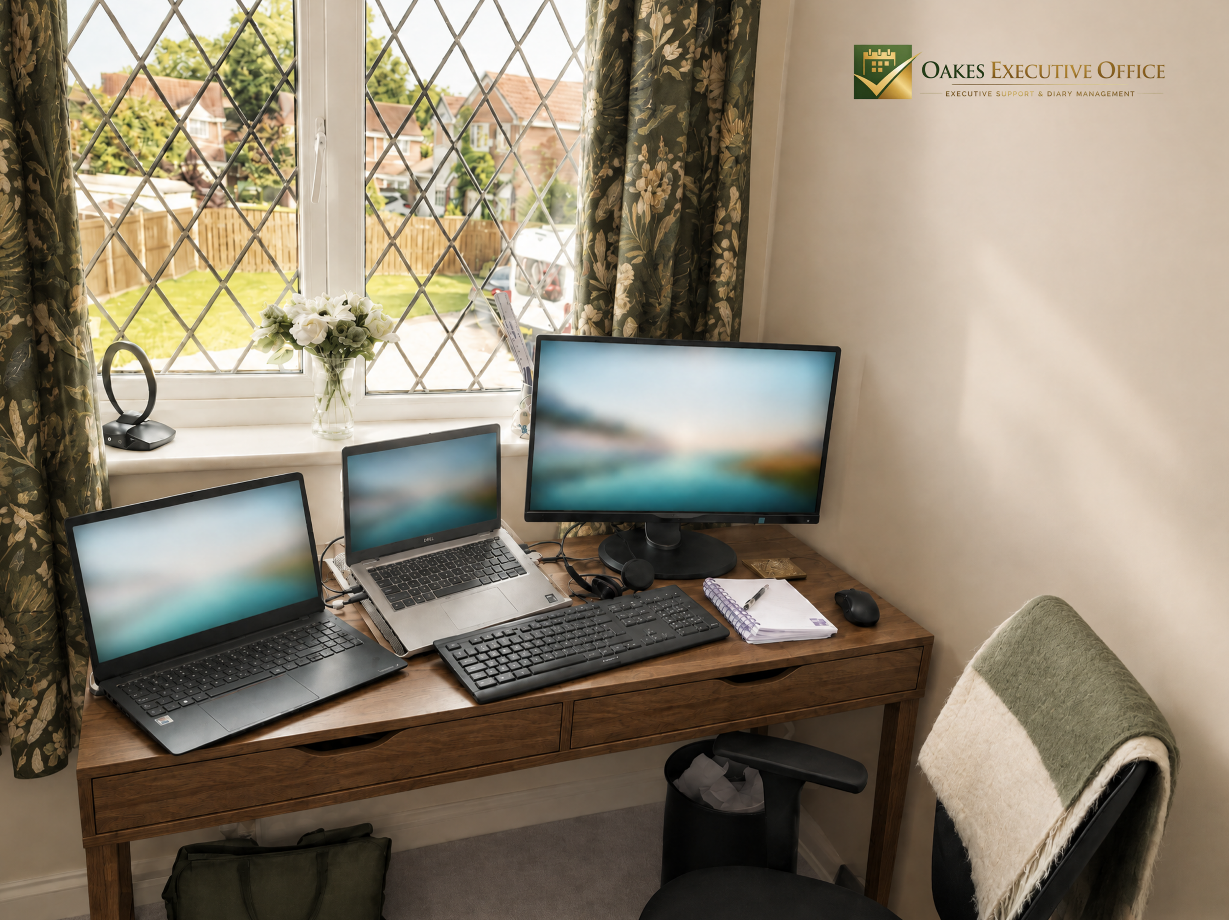 A home office workspace with a wooden desk holding two open laptops, a desktop monitor, a keyboard, and a mouse. There are notebooks, headphones, and a pen on the desk. A window with diamond-patterned security bars and floral curtains lets in natural light, with a view of a yard and neighboring houses outside. A vase of white flowers is on the windowsill. The wall on the right has a logo for Oaks Executive Office.