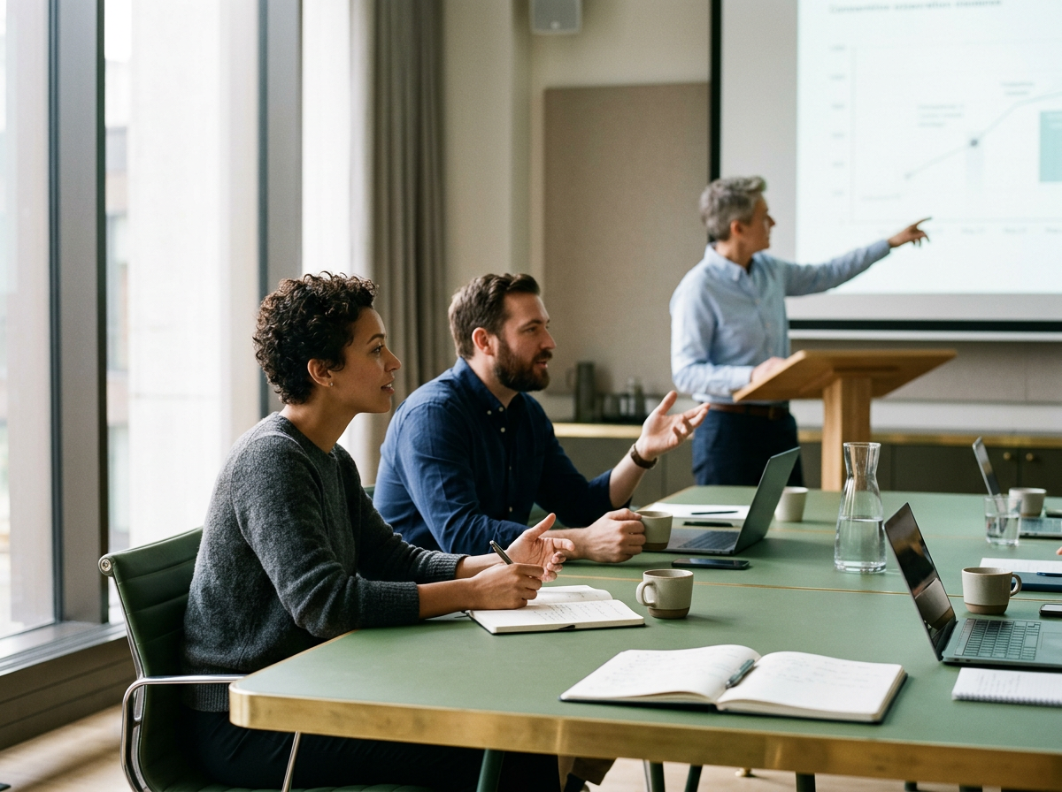 Three people in a conference room during a business meeting, one person standing at a podium giving a presentation, and two others sitting at the table taking notes and discussing.