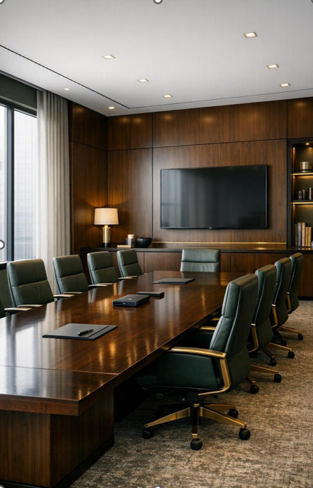 Modern conference room with a large wooden table, green leather chairs, a wall-mounted TV, and built-in shelves with books and decor.