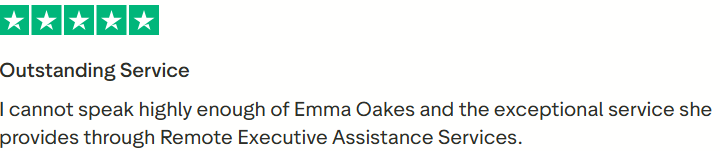 Five green stars followed by the phrase "Outstanding Service" and a review praising Emma Oakes for her exceptional remote assistance.